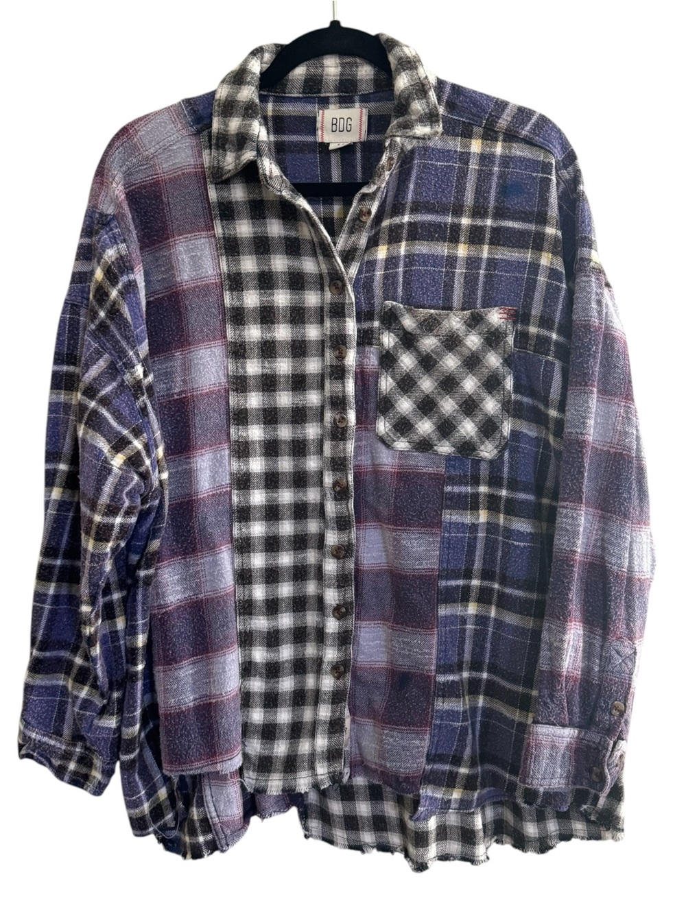 BDG Mixed Patchwork Plaid Button-Down Shirt purple womens small worn look #NE317